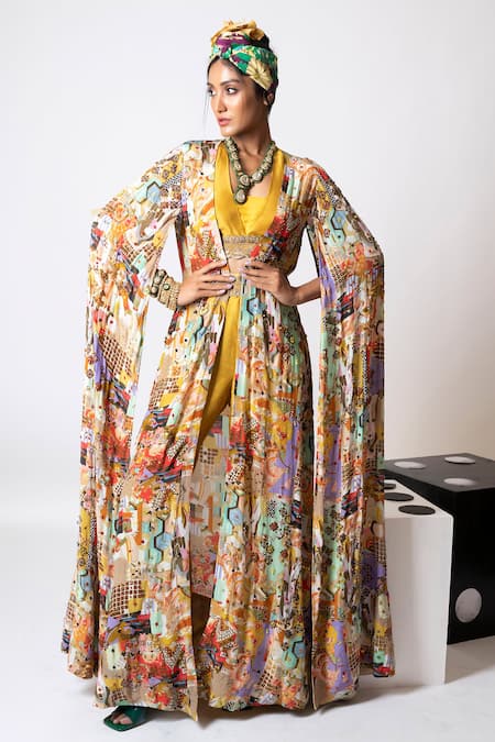 Pds By Sneha Abstract Embroidered Cape Pant Set 