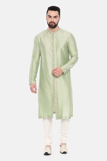 Mayank Modi - Men Green Silk Embroidered Placket Leaf Placement Kurta Set