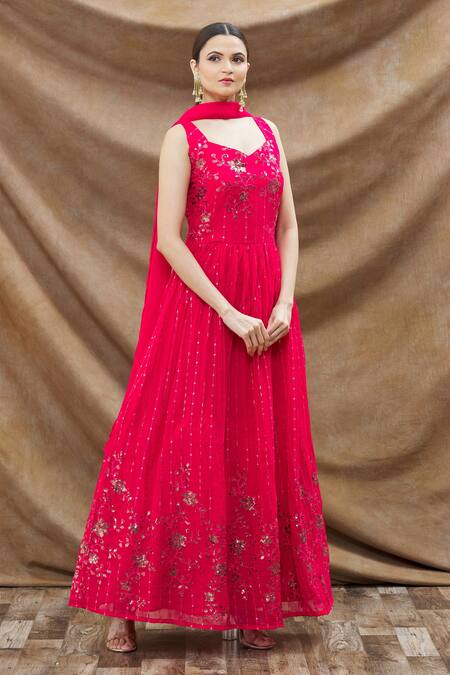 Khwaab by Sanjana Lakhani Pink Georgette Embroidered And Sequin Work Sleeveless Anarkali Set 