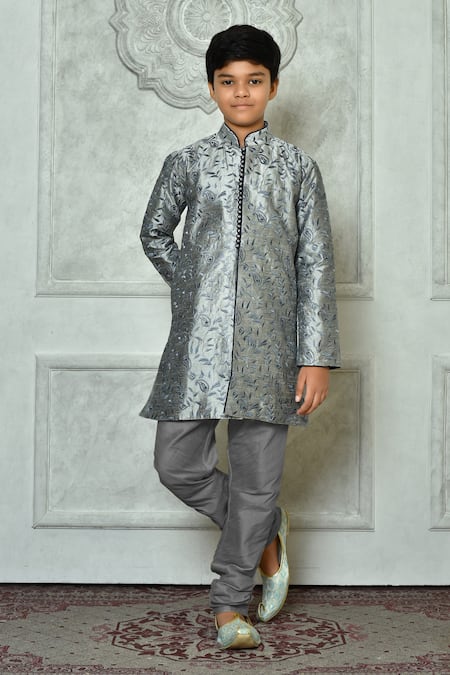 Petite Pomme Grey Silk Embroidery Leaf And Paisley Pattern Full Sleeve Kurta 