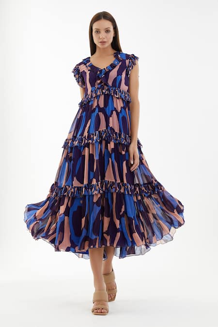 KoAi - Blue Chiffon Abstract V Neck Frill Dress For Women
