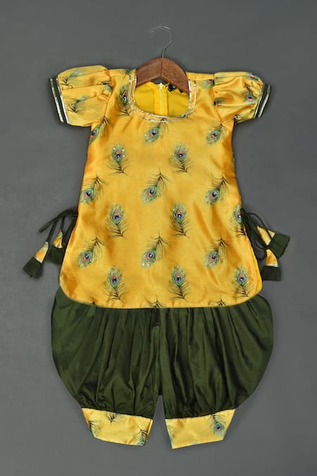 Maaikid Printed Kurta & Bottle Green Afghani Pant Set 