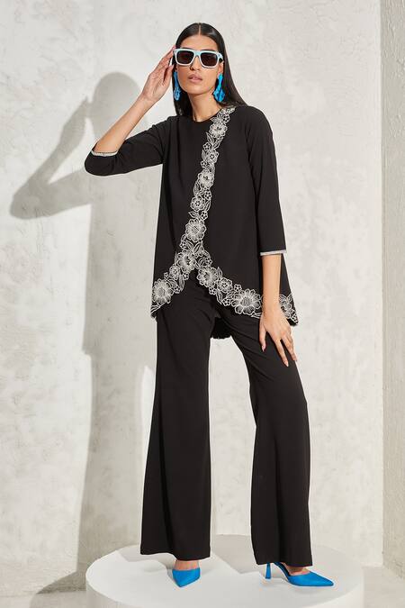 Buy Black Moss Crepe Hand Wisteria Overlap Top And Pant Co-ord Set For ...