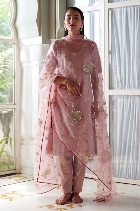 Atelier Shikaarbagh Pink Organza, Embroidery V-neck Tissue Kurta Pant Set