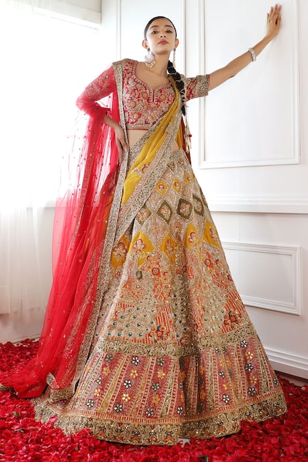 Multi Coloured Silk Embroidered Bridal Lehenga Choli - Lehengas Designer  Collection