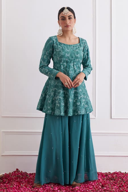Shipraa Grover Green Chanderi, Georgette Embroidery Square Neck Safira Kurta Sharara Set 
