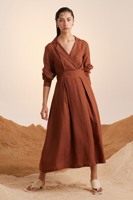 Cord Brown Linen Notched Collar 60s Solid Dress 