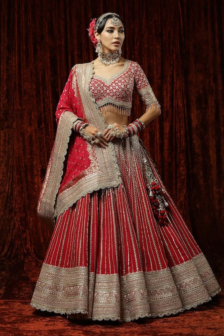 Shikhar Sharma Red Silk, Georgette, Chanderi Embroidery, Tassels, Musk Rose Bridal Lehenga Set