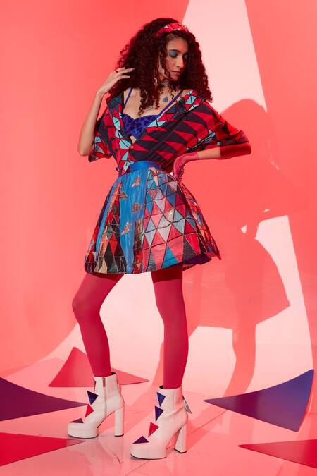 Shop_Esha L Amin_Blue Viscose Mirrors Abstract Embellished Bralette _at_Aza_Fashions