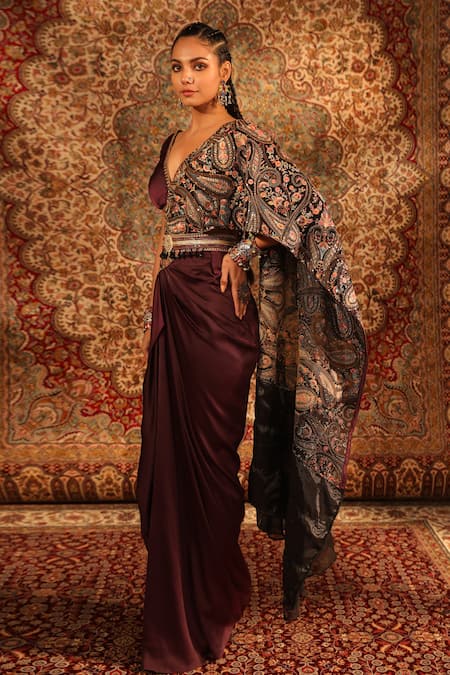 Aditi Gupta Wine Satin, Lycra, Silk Tassels, Embroidery, Pre-draped Saree With Blouse 
