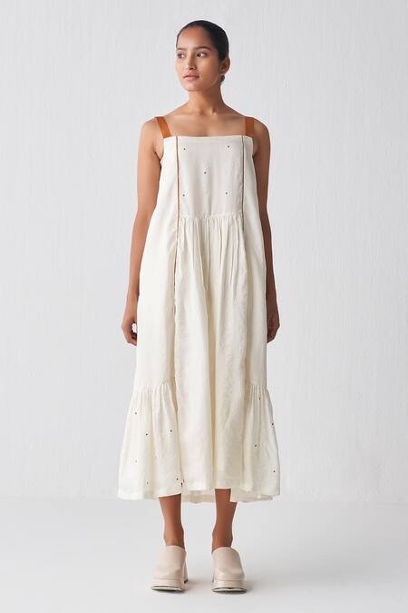 Three Ivory Silk Square Neck Polka Print Gathered Hem Dress 