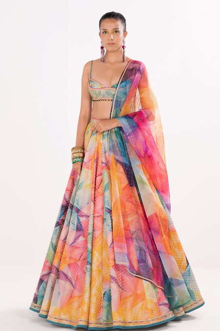 Cedar & Pine Multi Color Brocade And Embroidery Kaleidoscope Sweetheart Lehenga Set 
