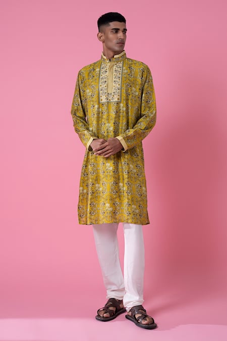 Siddhartha Bansal Yellow Chanderi Printed Midday Meadow Royal Chintz Embroidered Kurta Set  