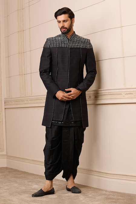 Tarun Tahiliani Black Dhoti  Cotton Satin Embroidery Sequin Glint Textured Sherwani Set 