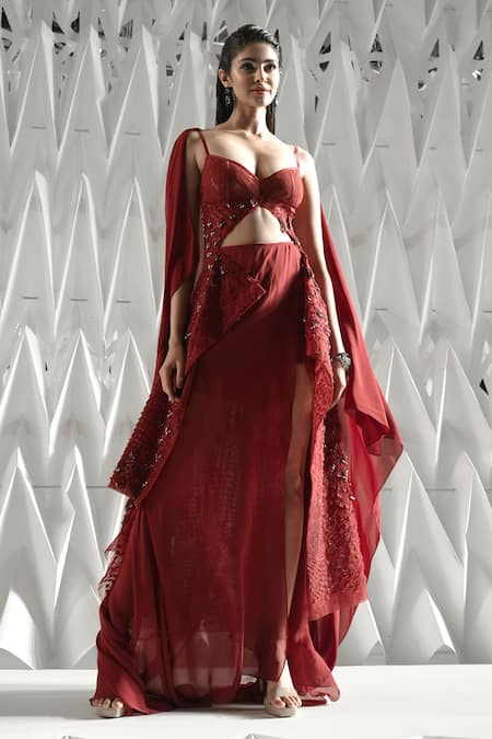 Rohit Gandhi + Rahul Khanna Red Silk Flat Chiffon Spire Draped Skirt 