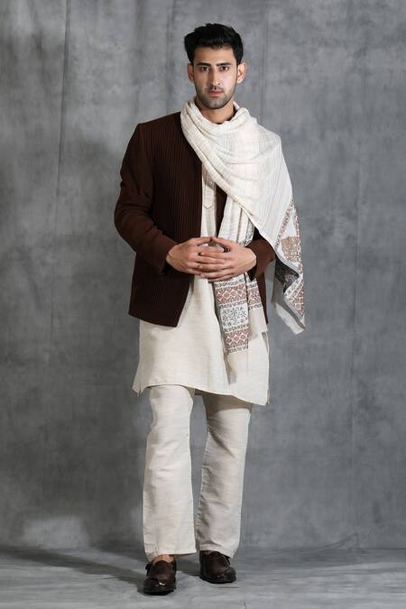 Buy White Embroidered Handwoven Cashmere Fine Wool Kani Cutting