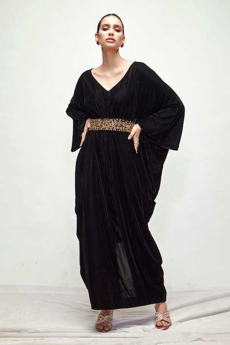 Ranian_Black Velvet V Neck Draped Kaftan _Online_at_Aza_Fashions