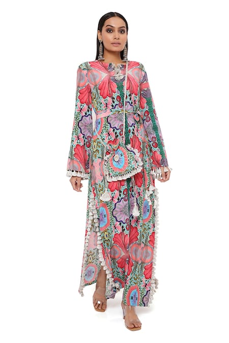 Buy Pink Crepe Printed Enchanted Round Asymmetric Elasticated Hem Long Top  For Women by PS Pret by Payal Singhal Online at Aza Fashions.