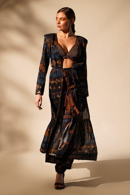 Nikita Mhaisalkar Blue Georgette Sequins V-neck Aztec Print Jacket With Pant