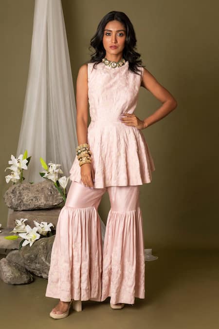Pds By Sneha Pink Silk Embroidery Pearls Round Flared Kurta And Sharara Set
