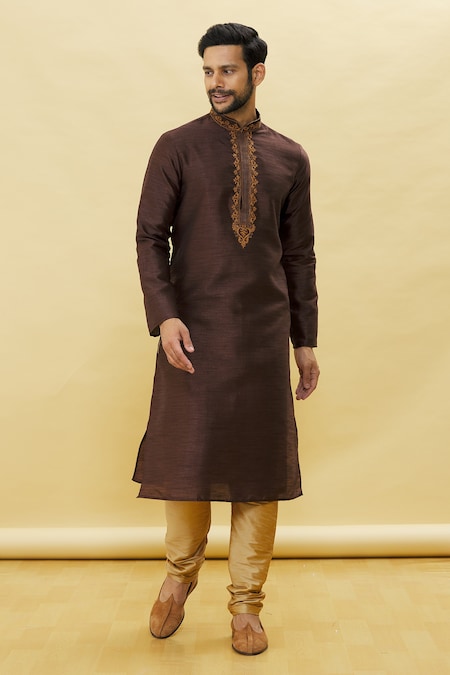 Samyukta Singhania Brown Silk Embroidered Floral Placket Straight Kurta And Churidar Set