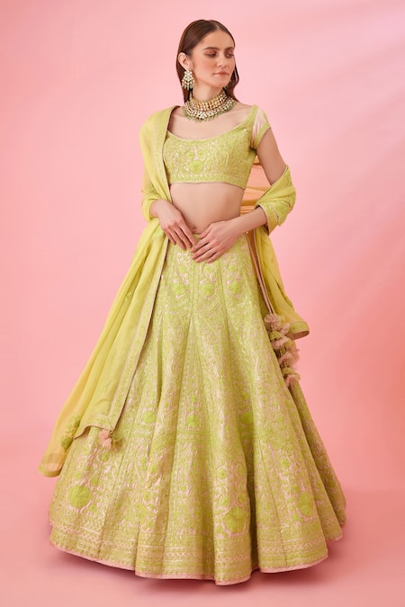Shyam Narayan Prasad Raw Silk Floral Patchwork Bridal Lehenga Set 