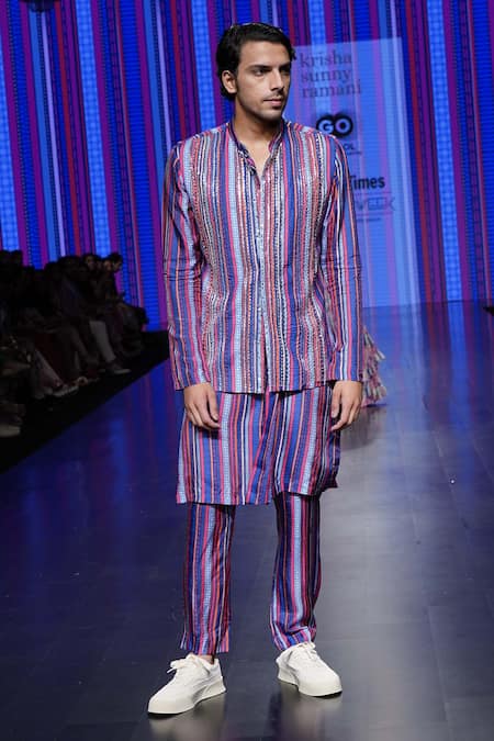 Krisha sunny Ramani Striped Beaded Raw Silk Bundi Kurta Set 