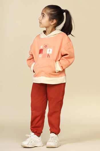 Miko Lolo_Pink 100% Cotton Fleece Print And Embroidery Color Blocked Hoodie And Joggers Set_Online_at_Aza_Fashions