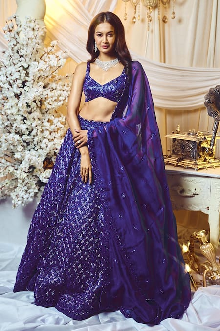 Shop Varun Chakkilam Blue Silk Organza Embroidery, Beads V-neck Threadwork Bridal Lehenga Set at Aza Fashions Shop_Varun Chakkilam_Blue Silk Organza Embroidery, Beads V-neck Threadwork Bridal Lehenga Set _at_Aza_Fashions