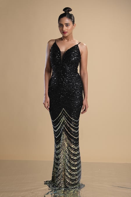 Kommal Sood Black Lycra Stretch Net Graphic Pattern Work Spaghetti Gown