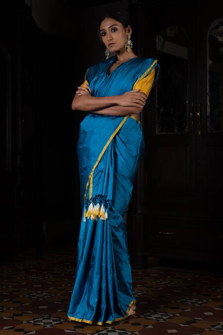 Buy Margi Designers Latest in Sana Silk Blue Saree with Contrast Blouse at  Amazon.in