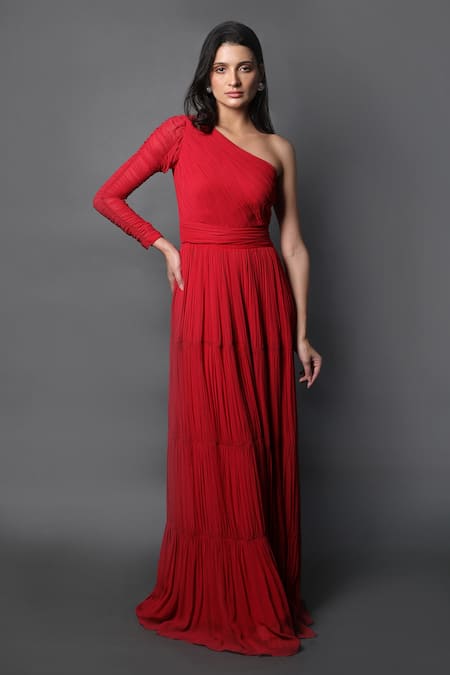 Swatee Singh One-Shoulder Ruched Gown 