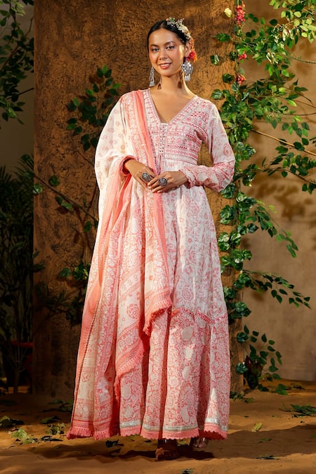 BAIRAAS Pink Mul Cotton Hand Block Print Floral V Neck Anarkali With Dupatta