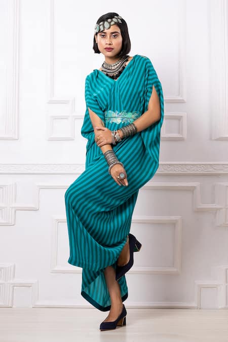 Megha Garg Green Embroidery V-neck Printed Drape Kaftan Jumpsuit 