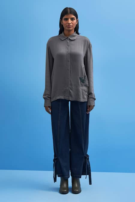 Siddhant Agrawal Grey Cotton, Georgette Embroidery Collared Sutairu Hand Shirt 