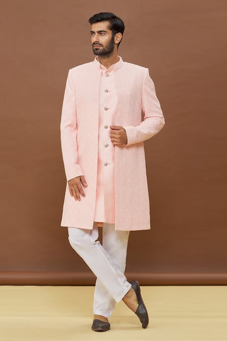 Arihant Rai Sinha Peach Sherwani Embroidered Work Jacket And Sleeveless Set 