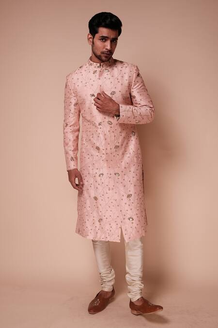 Tisa - Men_Pink Dupatta Silk Blend, Kurta And Churidar Cotton Iris Flower Pattern Set_Online_at_Aza_Fashions
