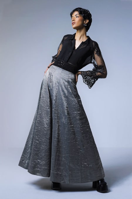Shorshe Clothing - Grey Handloom Tissue Solid Panelled Skirt For Women