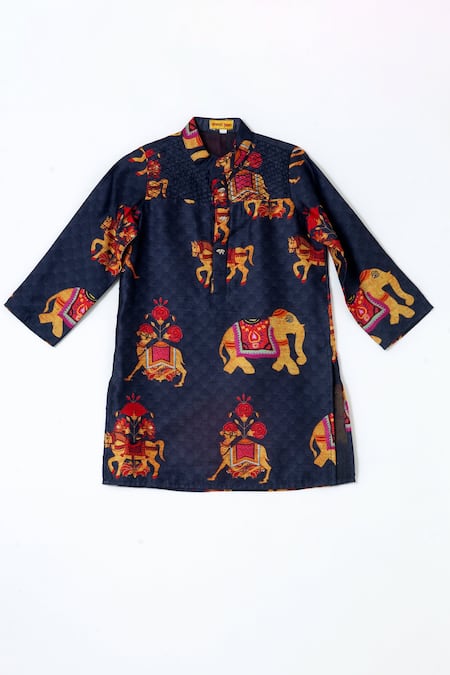 Shruti Jalan Black Chanderi Printed Elephant Mandarin Collar Kurta  