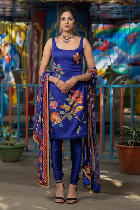 Irrau By Samir Mantri Blue Chiffon Beads, Sequins, Embroidery Scoop Blooming Flower Print Kurta Set 