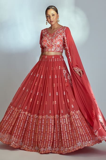 suruchi parakh Red Woven And Embroidered Multi Color Sequin Work V Neck Floral Lehenga Set