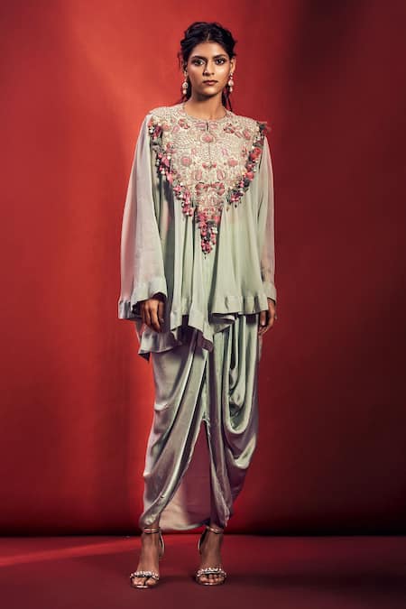 Buy Stotram Green Kurta Organza Embellished Zardozi Kurta Round Neck Draped Skirt Set at Aza Fashions Buy_Stotram_Green Kurta Organza Embellished Zardozi Kurta Round Neck Draped Skirt Set_at_Aza_Fashions