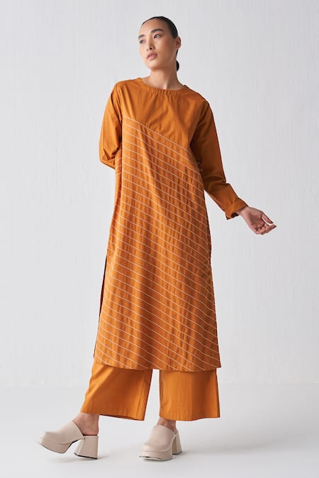 Three Asymmetric Striped Embroidered Tunic 