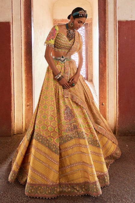 Aditi Gupta Yellow Banarasi Woven And Embroidered Vintage Bandhani Pattern Bridal Lehenga Set 