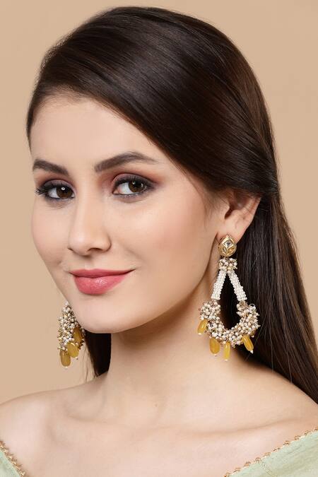 Shop Dugran By Dugristyle Cream Stones, Smocking Pearl Embellished Drops at Aza Fashions Shop_Dugran By Dugristyle_Cream Stones, Smocking Pearl Embellished Drops _at_Aza_Fashions