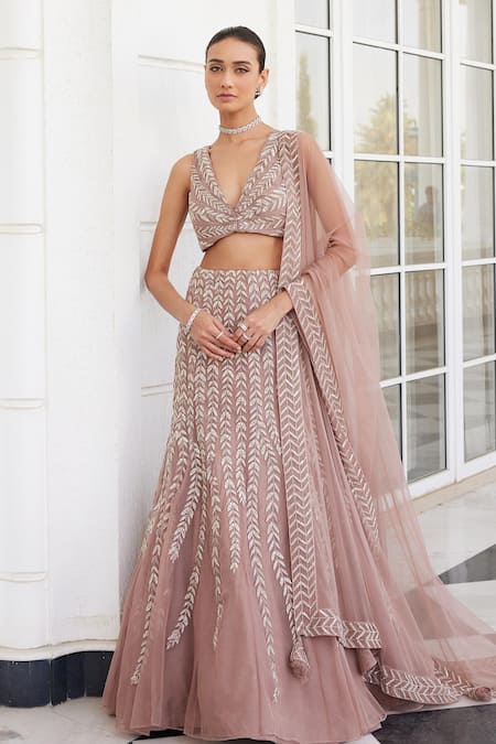 Charu and Vasundhara Pink Net Embroidery Sequin V Neck Sasha Leaf Pattern Bridal Lehenga Set