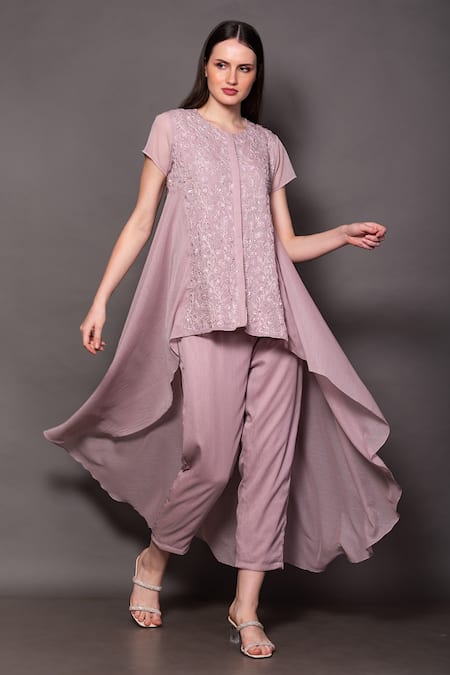 Vara By Vibha N Priti Purple Georgette Zari, Embroidery Round Neck Lilac Floral Tunic Set