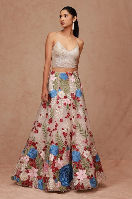 Shriya Som Beige Tulle Embellished Cutdana V Neck Fringe Corset Top  