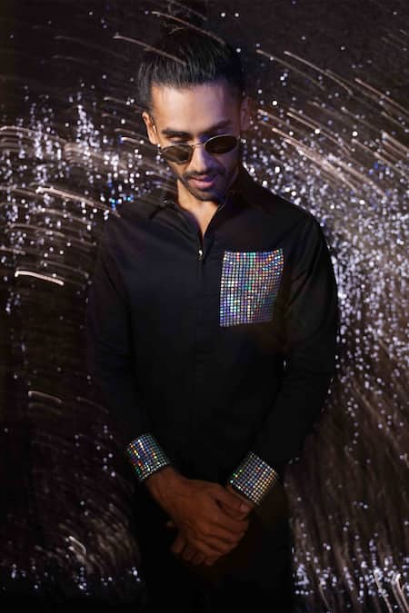 Shop Sanjana Reddy Designs Black Cotton Sequins Placement Embroidered Shirt at Aza Fashions Shop_Sanjana Reddy Designs_Black Cotton Sequins Placement Embroidered Shirt _at_Aza_Fashions