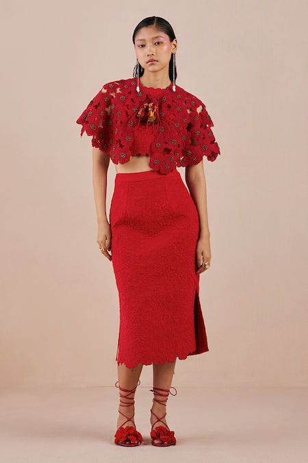Chandrima Red Organza Cutwork, Applique, Bead Round Poppy Cape 